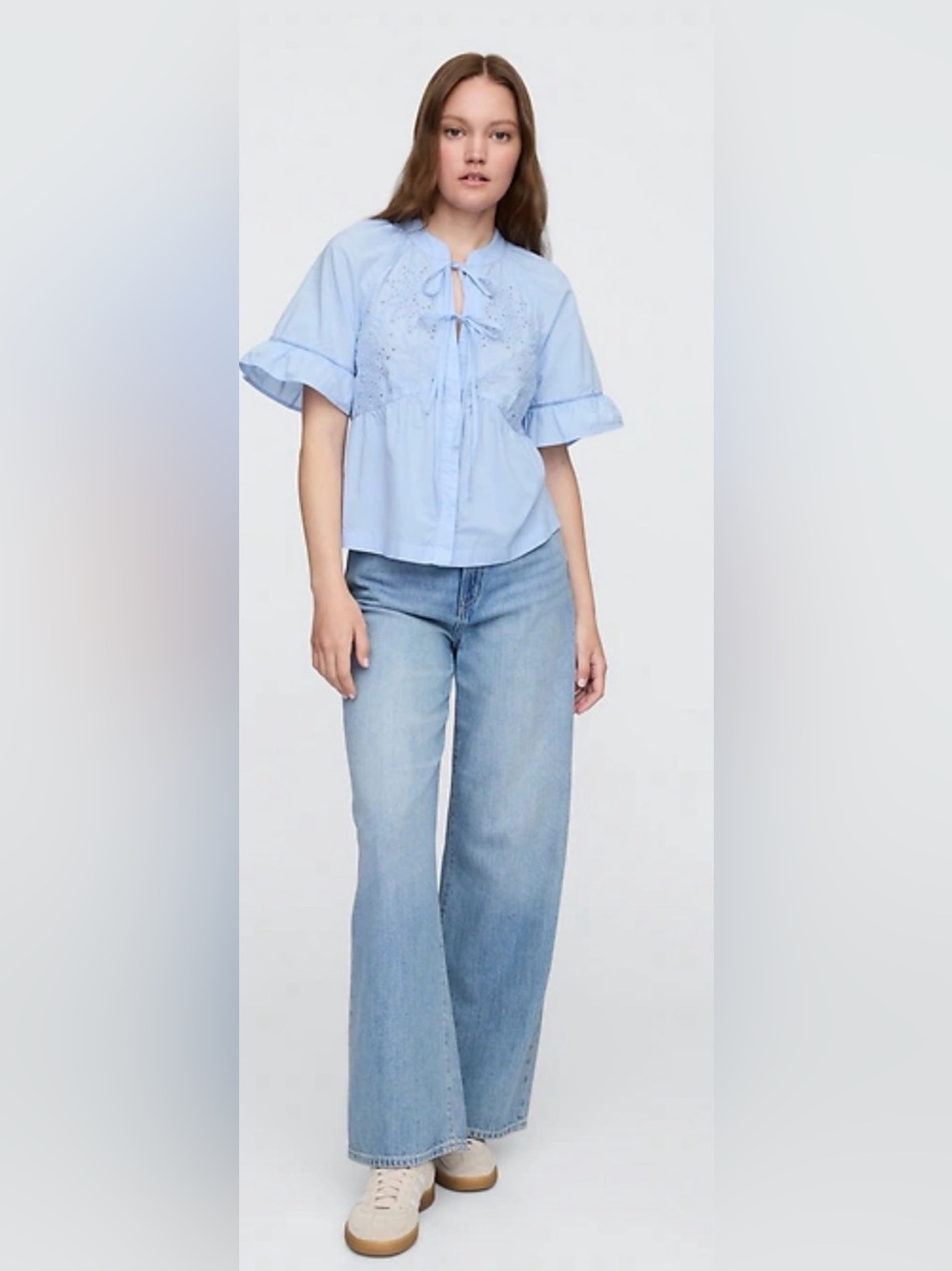 GAP Splitneck Tie-Front Top Light Blue  Cotton Blouse